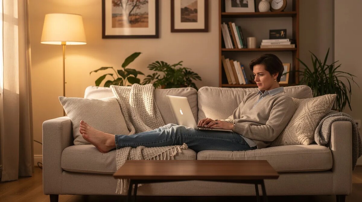 A person is comfortably seated on a couch, relaxing while using a — Best Rtp