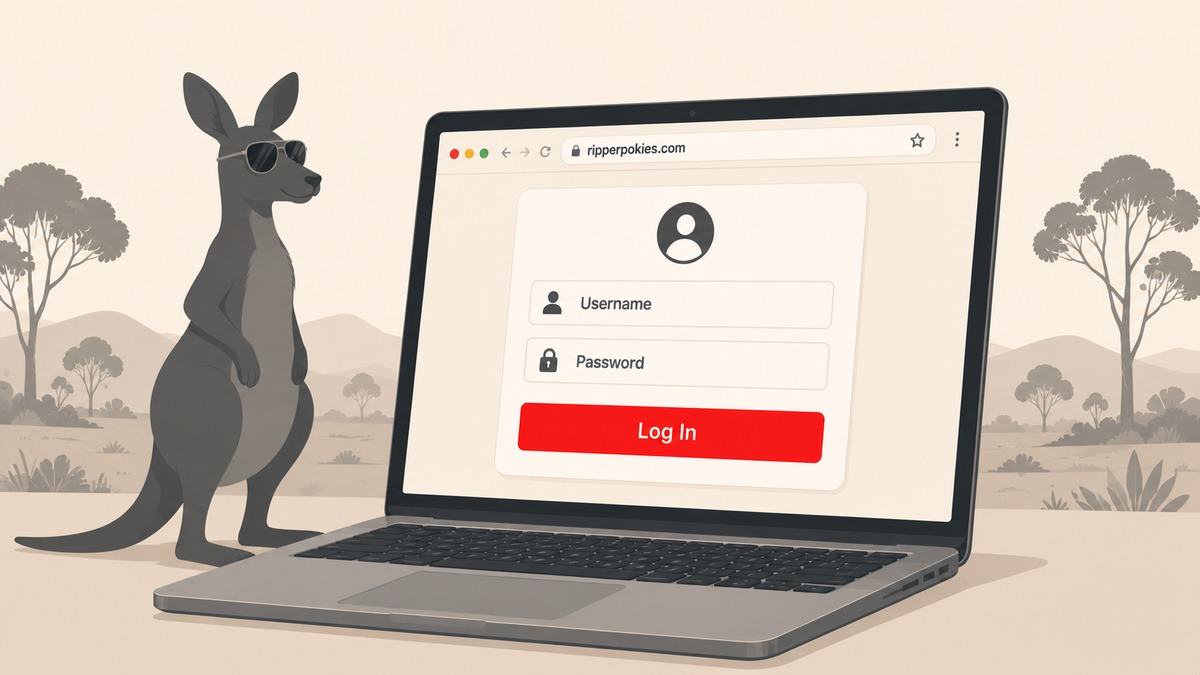 Online casino login screen on laptop showing ripperpokies.com URL with kangaroo-in-sunglasses brand mascot and Australian outback backdrop — Ripper Casino login guide