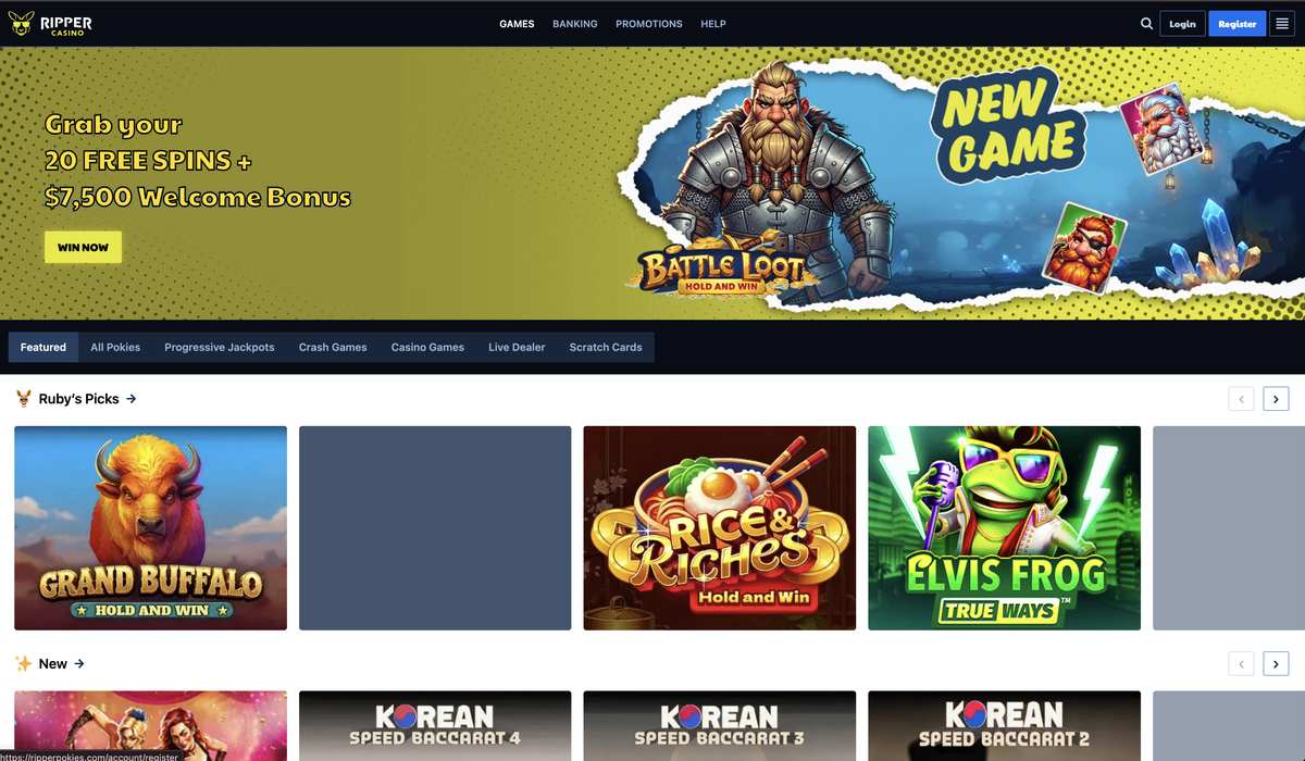 Real Ripper Casino lobby home page with kangaroo-mascot logo, Login and Register buttons top-right, and featured game categories