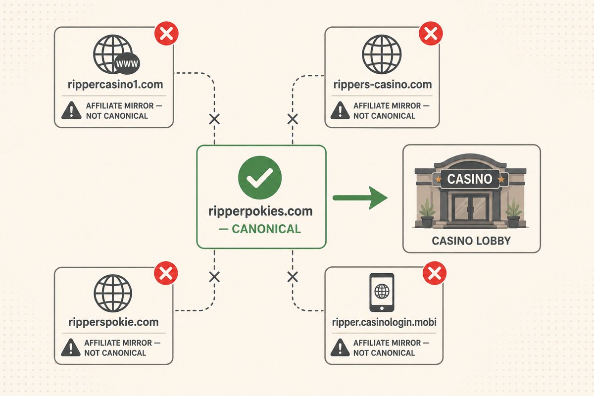 Ripper Casino mirror-domain disambig showing ripperpokies.com canonical vs four lookalike affiliate mirrors with cross-mark warnings