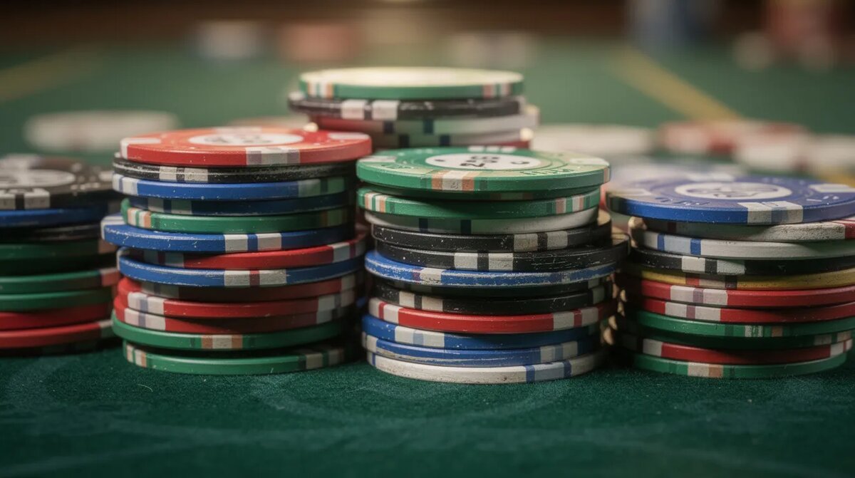 Close-up of stacked colour-coded roulette chips on green felt