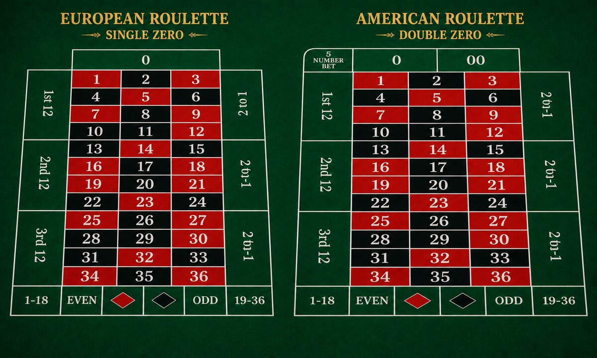 European single-zero vs American double-zero roulette table layouts compared
