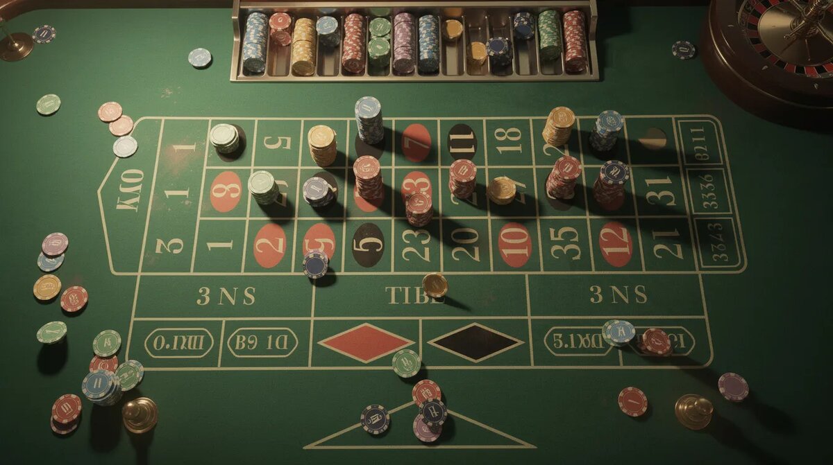 Overhead view of roulette table with chips placed across inside number grid