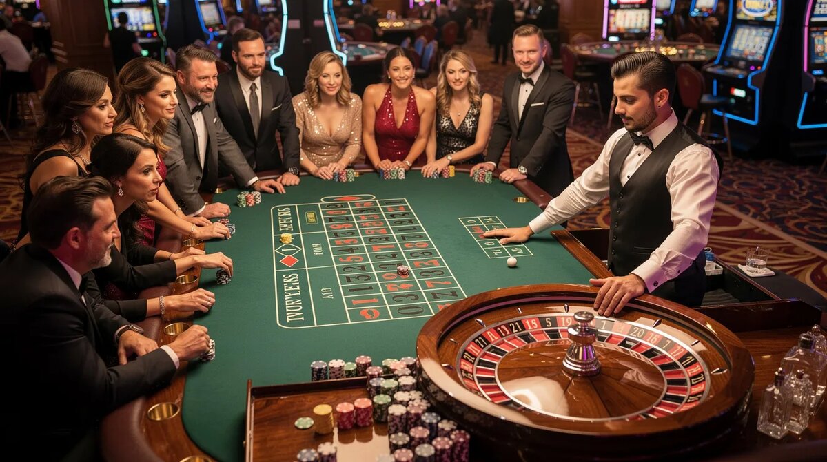 Active roulette table with players, dealer, and wheel during a live game