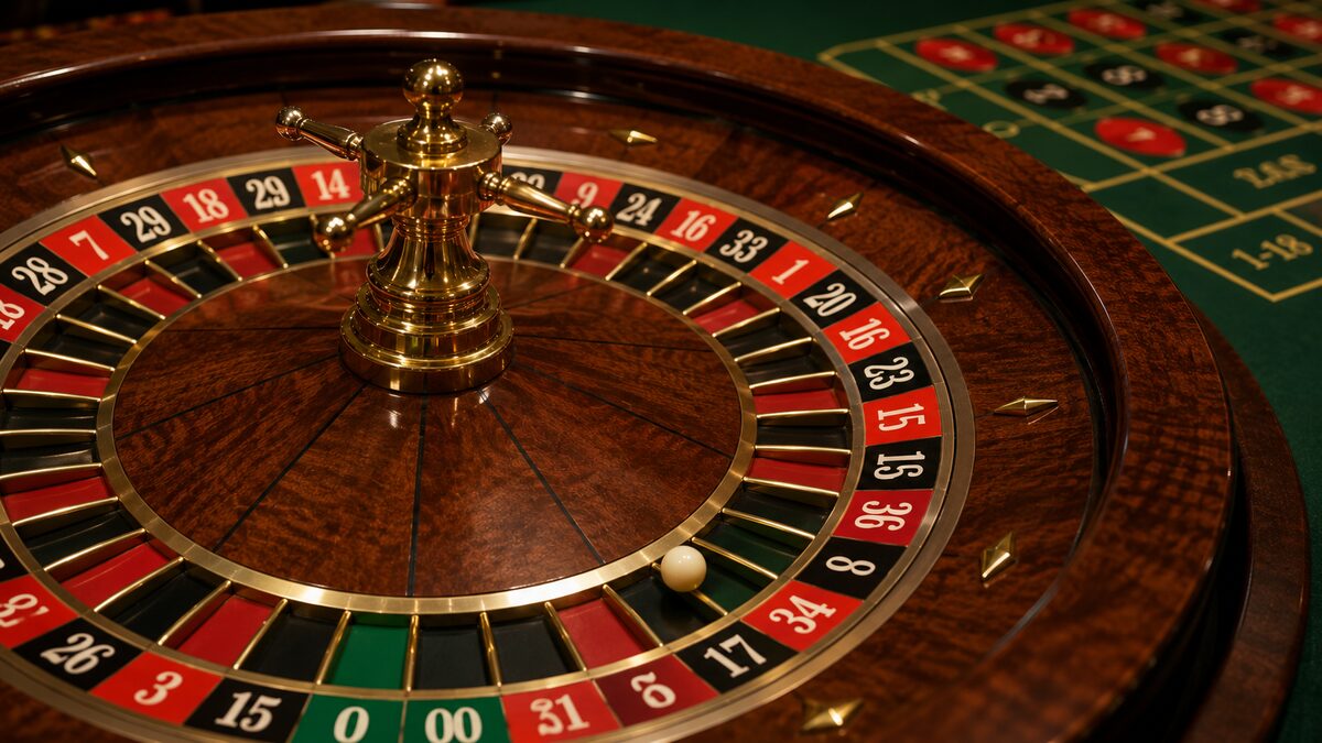 Roulette wheel close-up showing single zero and double zero green pockets with numbered red and black slots