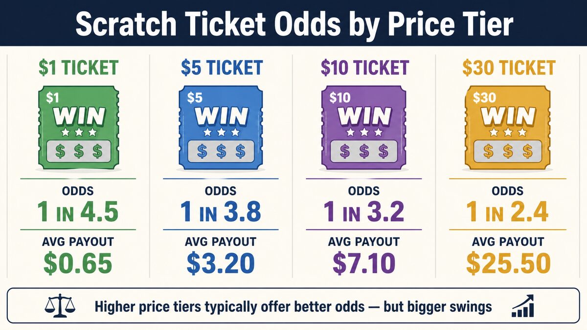 Scratch ticket odds comparison by price tier $1 $5 $10 $30 with average payouts