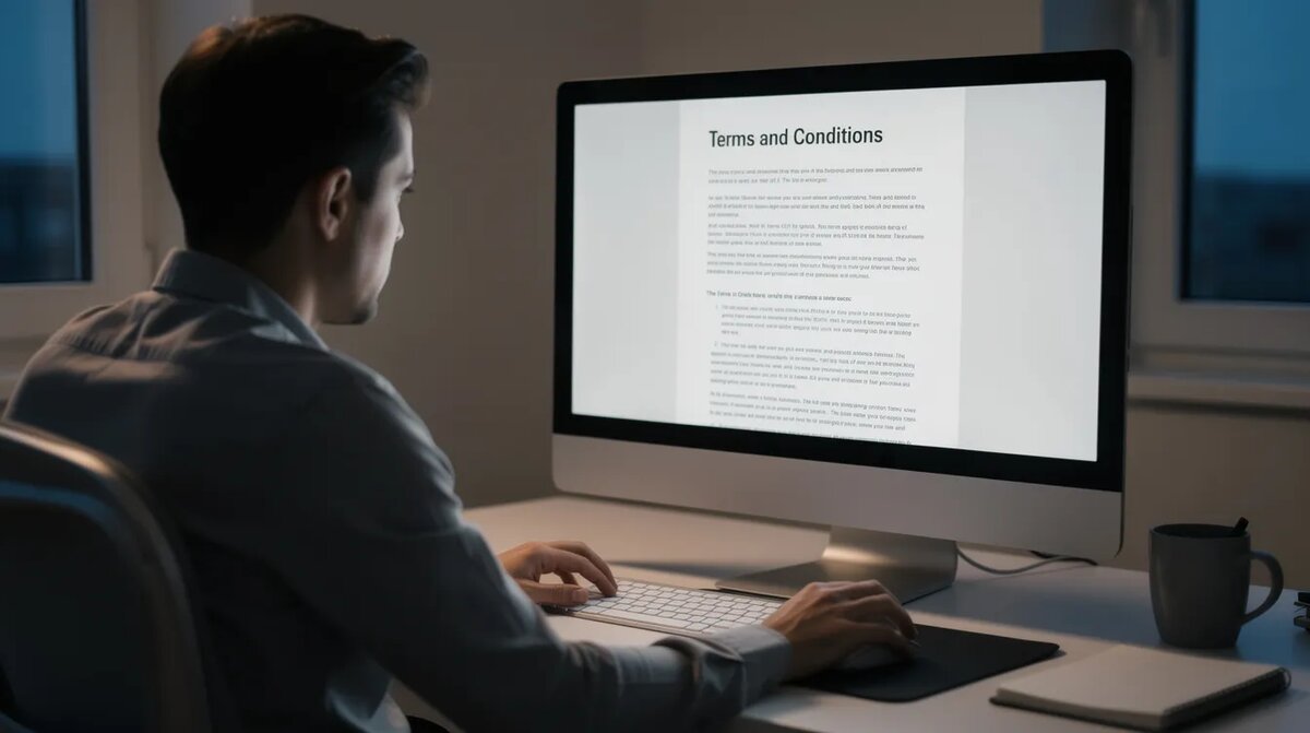 A person is intently reading the terms and conditions displayed on a — Skill Machine.net