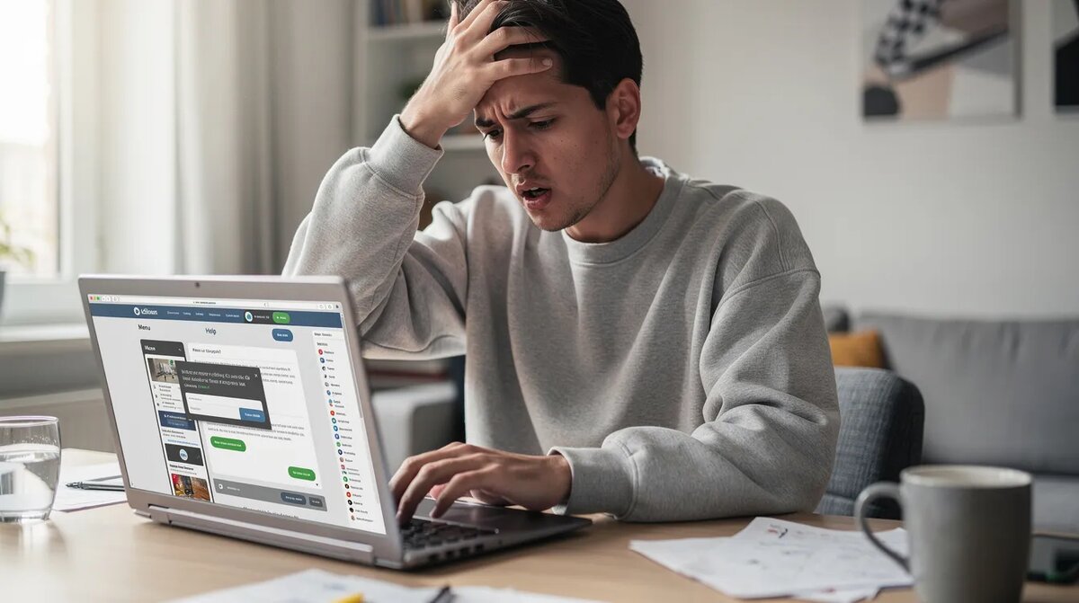 A frustrated person sits at their laptop, struggling to navigate a confusing — Skill Machine.net