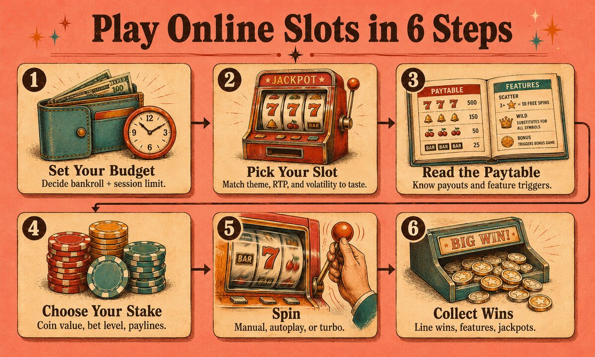 Six step journey to play online slots from setting budget to collecting wins