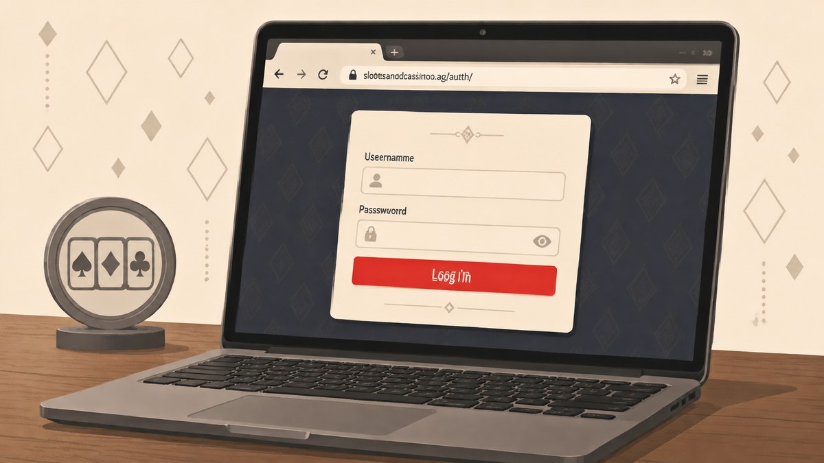Online casino login screen on laptop showing slotsandcasino.ag/auth URL with slot-reel brand-cue silhouette and cream diamond-pattern backdrop — Slotsandcasino login guide