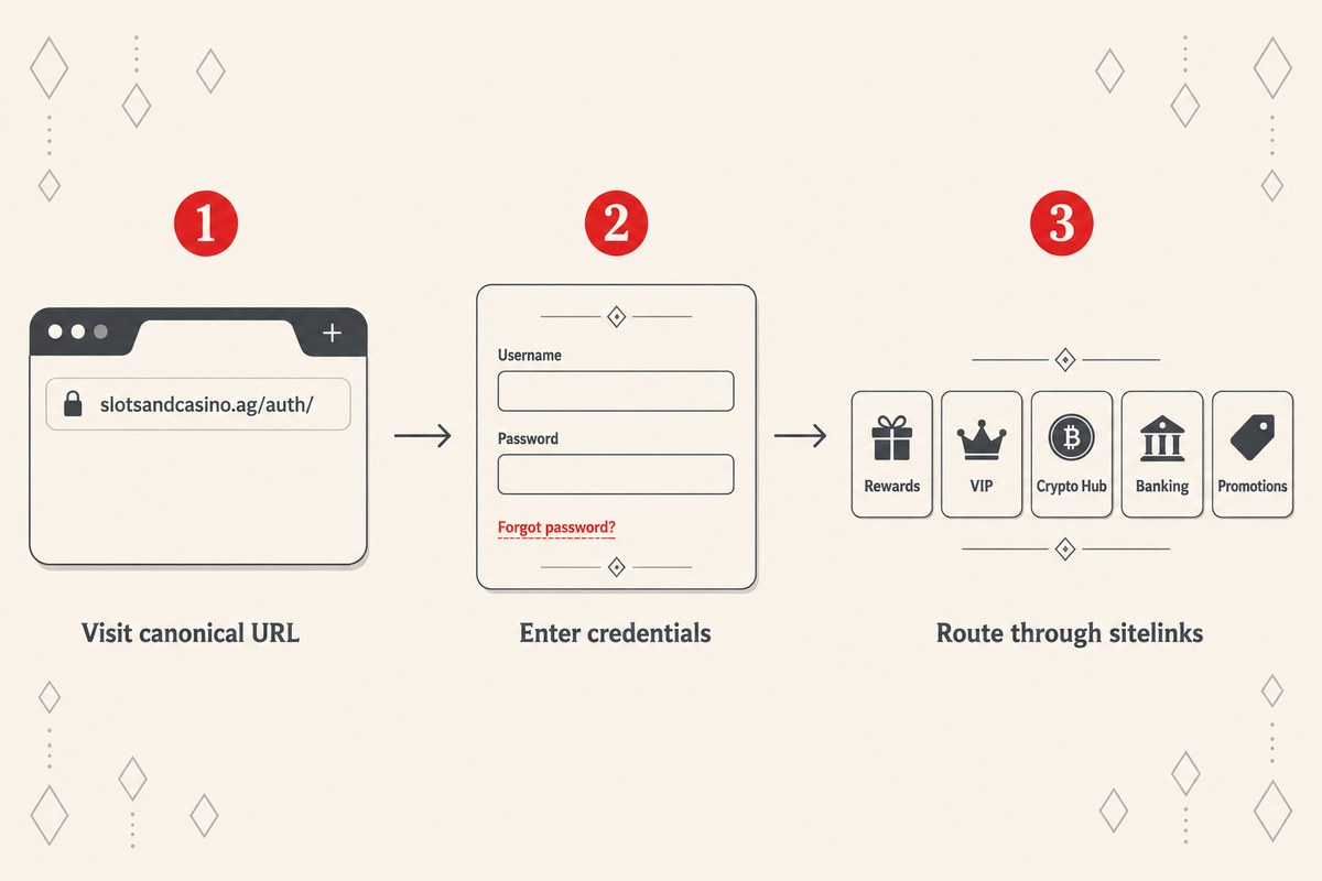 Three-step Slotsandcasino login flow diagram showing canonical slotsandcasino.ag/auth/ URL, credential form with forgot-password link, and dashboard sitelink hand-off to Rewards, VIP, Crypto Hub, Banking, and Promotions