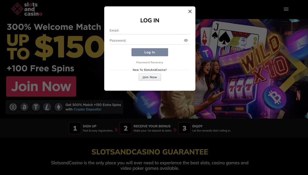 Real Slotsandcasino homepage with the live LOG IN modal overlay showing Email and Password fields, Password Recovery link, and Log In button against the 300% Welcome Match $1,500 plus 100 free spins hero, slot-themed background imagery, and 3-step SIGN UP / RECEIVE BONUS / ENJOY onboarding flow