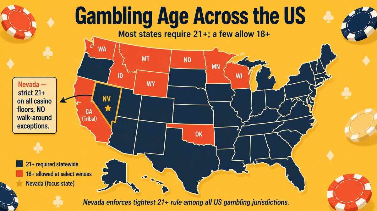 Stylized US map showing states requiring age 21 versus 18 for gambling with Nevada highlighted