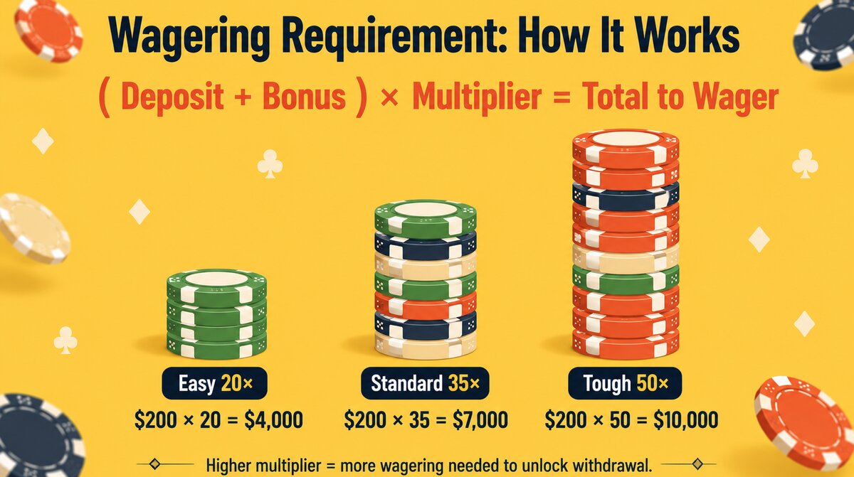 Wagering requirement calculation showing 20× 35× 50× multiplier comparison