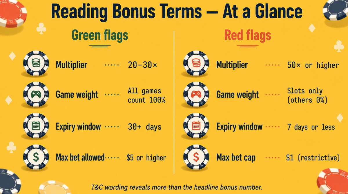 Good vs bad casino bonus wagering terms green flags vs red flags comparison