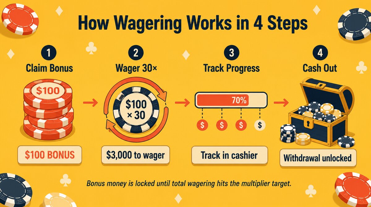 Wagering process 4 step journey claim bonus wager track progress cash out