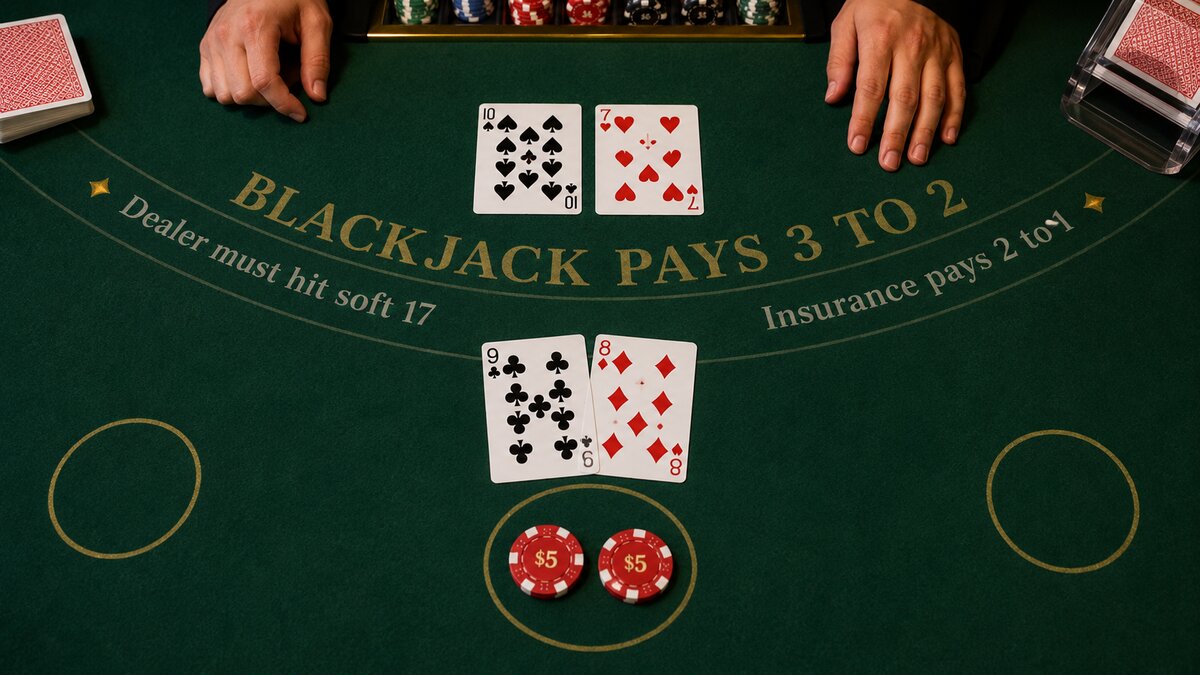 Blackjack table with player and dealer both showing 17 — what is a push in blackjack