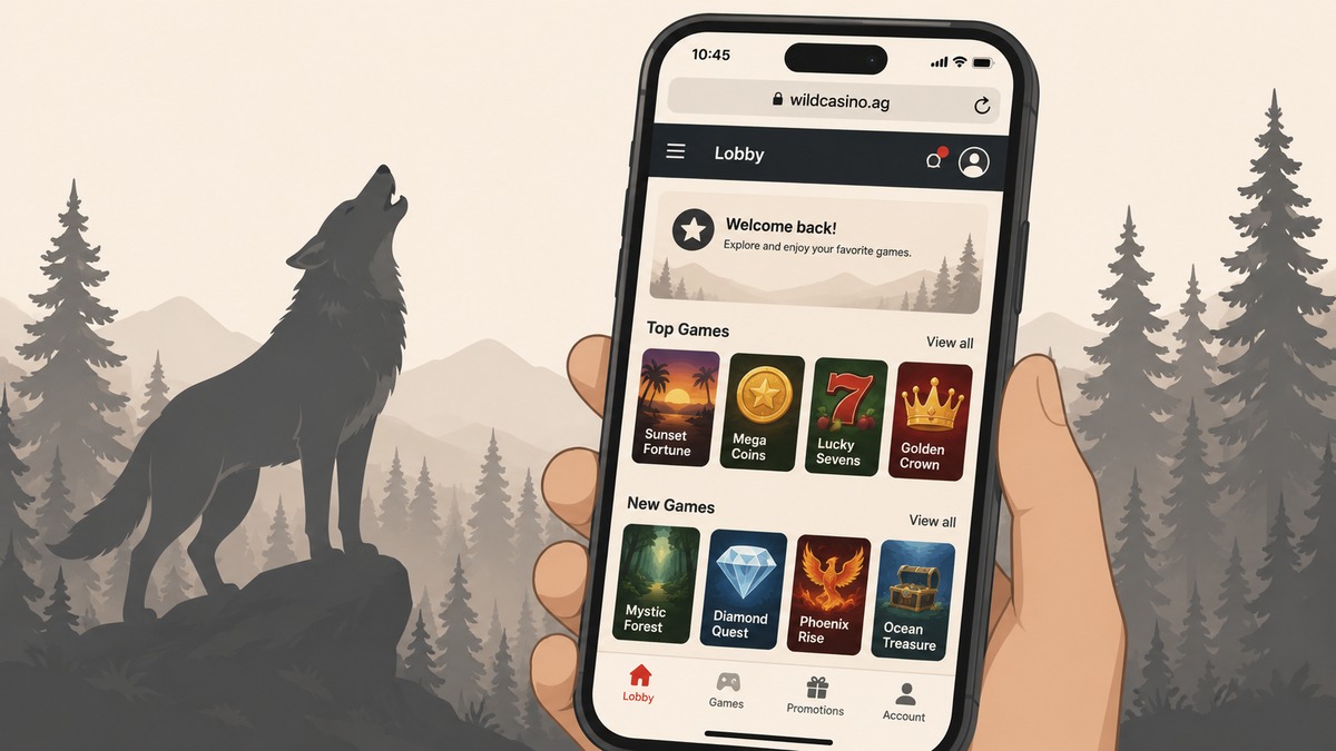 Smartphone showing wildcasino.ag mobile lobby with wolf silhouette brand cue and forest-line backdrop — Wild Casino mobile app guide