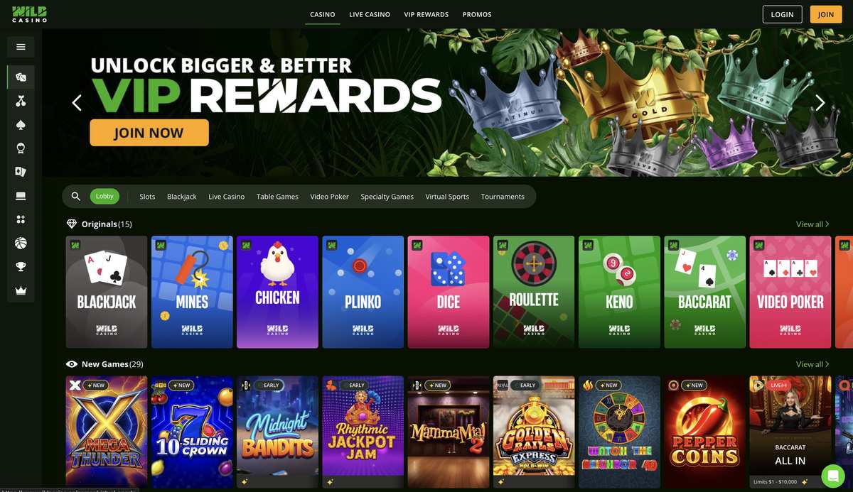 Real Wild Casino lobby with WILD CASINO logo, VIP Rewards hero, game categories navigation, and Originals plus New Games tile sections