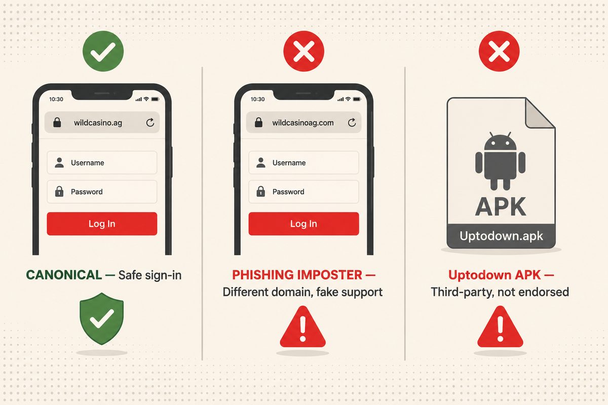 Three-column warning diagram showing wildcasino.ag canonical safe vs wildcasinoag.com phishing imposter and Uptodown unofficial APK red flags