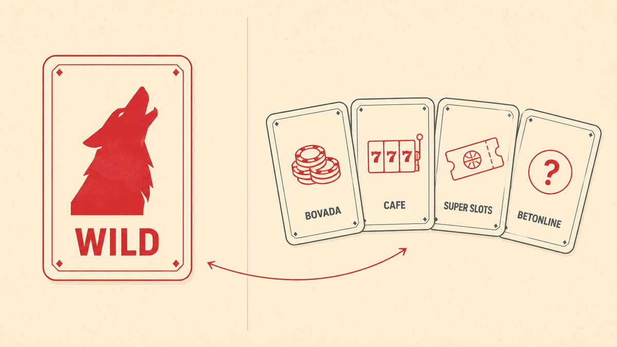 Wild Casino comparison split-screen with red wolf silhouette WILD card and 4 alternative casino cards Bovada Cafe SuperSlots BetOnline connected by red arrow