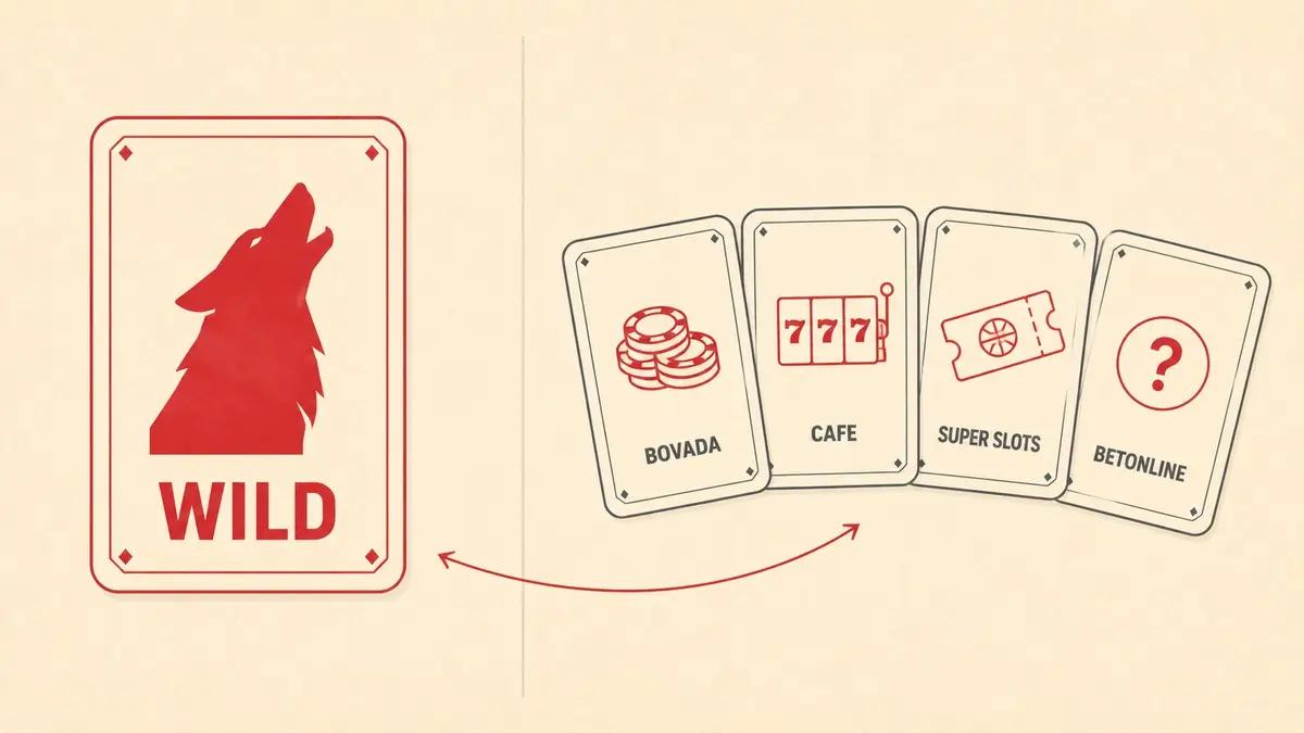 Wild Casino comparison split-screen with red wolf silhouette WILD card and 4 alternative casino cards Bovada Cafe SuperSlots BetOnline connected by red arrow