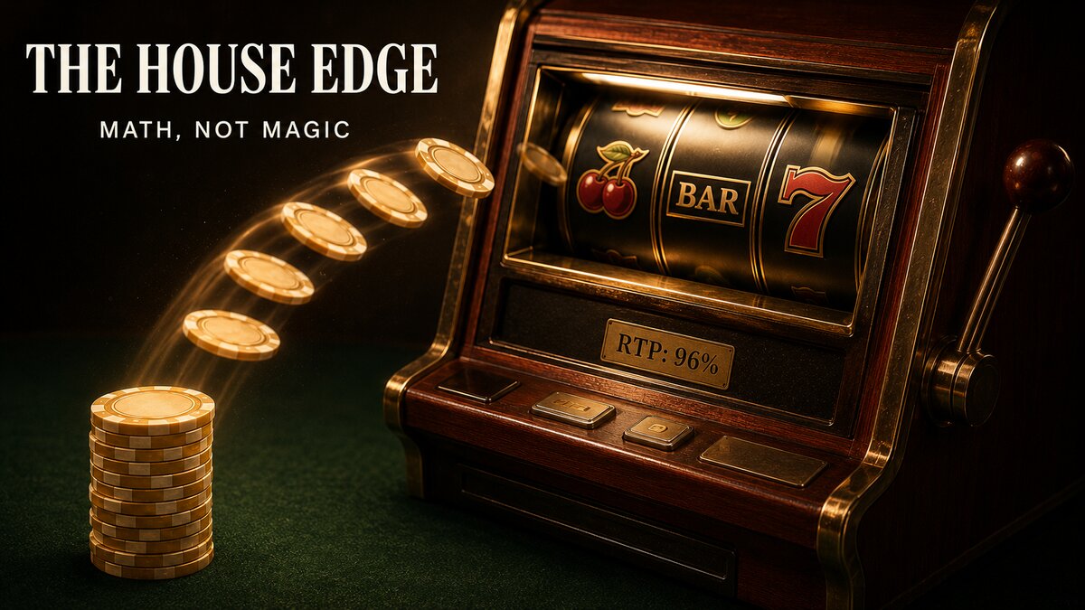Editorial illustration of slot machine with chip flow representing the legal mathematical house edge