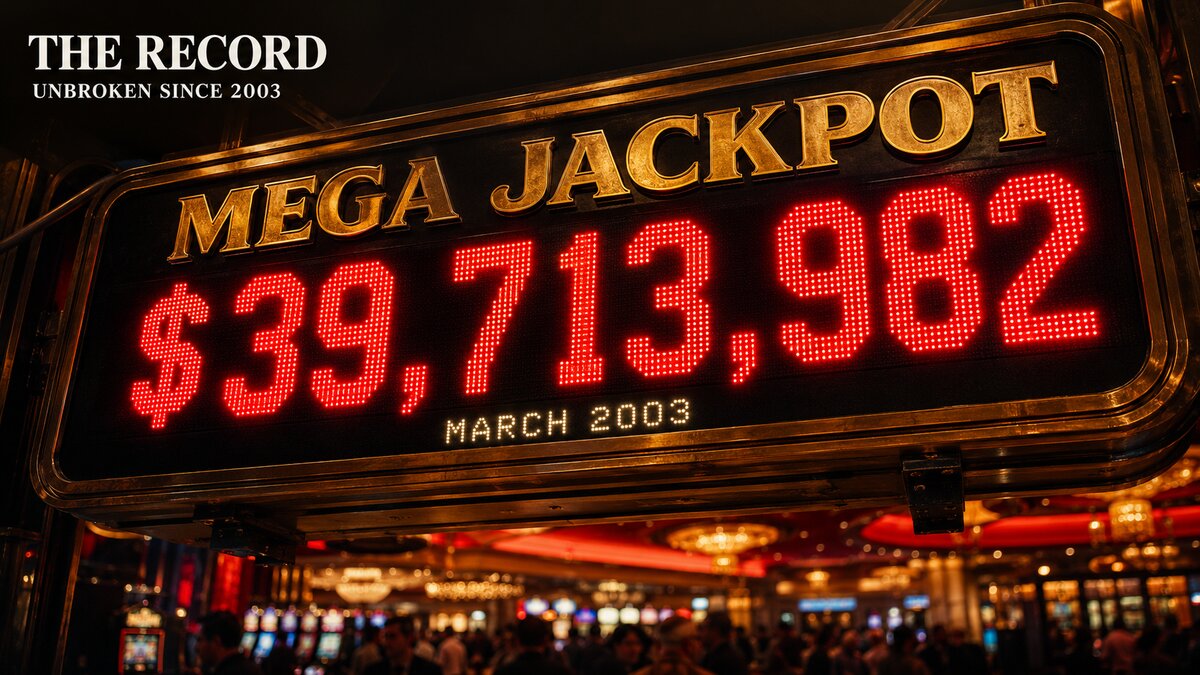 Iconic massive progressive jackpot LED sign showing the record thirty nine million seven hundred thirteen thousand dollar Mega Jackpot from March 2003