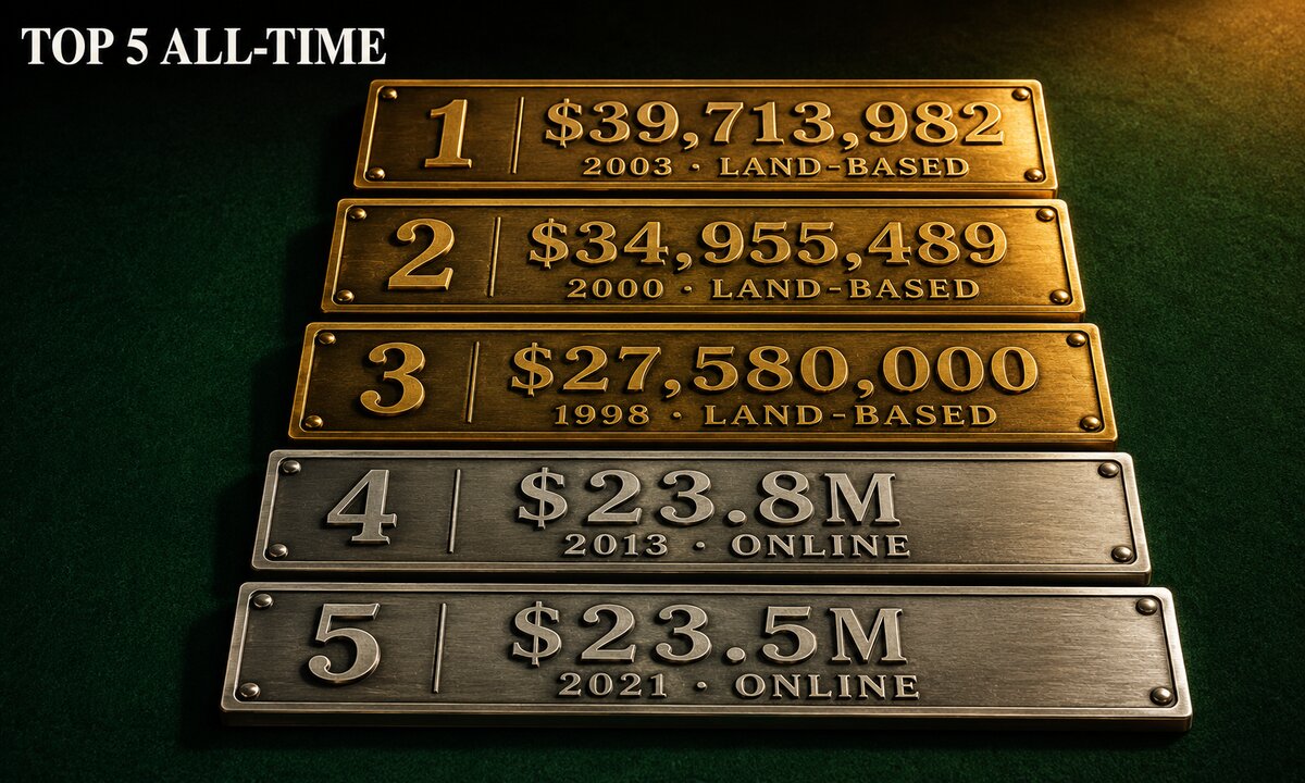 Five brass commemorative plaques in staircase formation on green felt ranking top five biggest slot machine wins from 39.7 million dollars in 2003 to 23.5 million in 2021