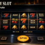 Editorial slot machine close-up showing screen with paylines, BET amount, credit balance, info button, and spin button — read any slot in under a minute