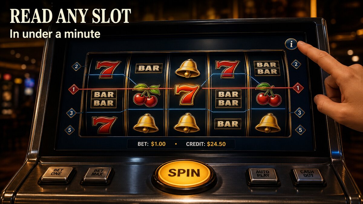 Editorial slot machine close-up showing screen with paylines, BET amount, credit balance, info button, and spin button — read any slot in under a minute