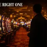 Player silhouette contemplating a long aisle of glowing slot machines in a Vegas casino choosing which one to play
