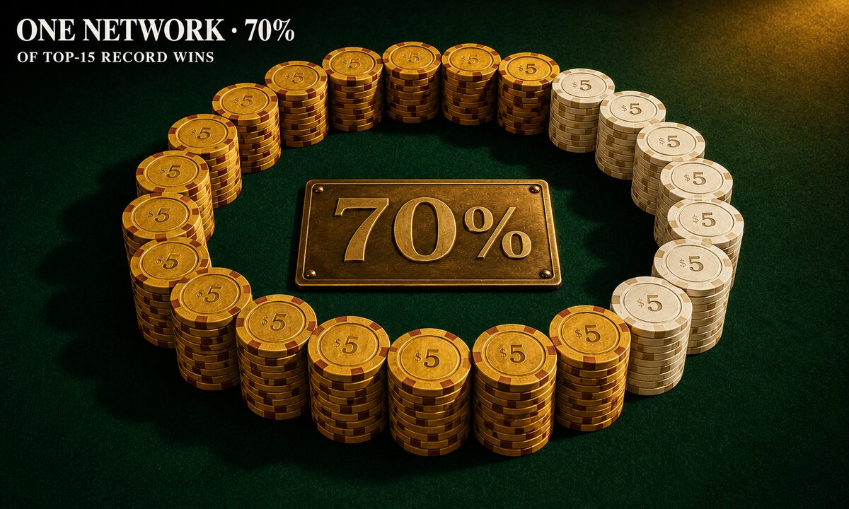Casino chip donut sculpture on green felt with gold five dollar chips forming seventy percent segment representing one network claims most of top fifteen record slot wins