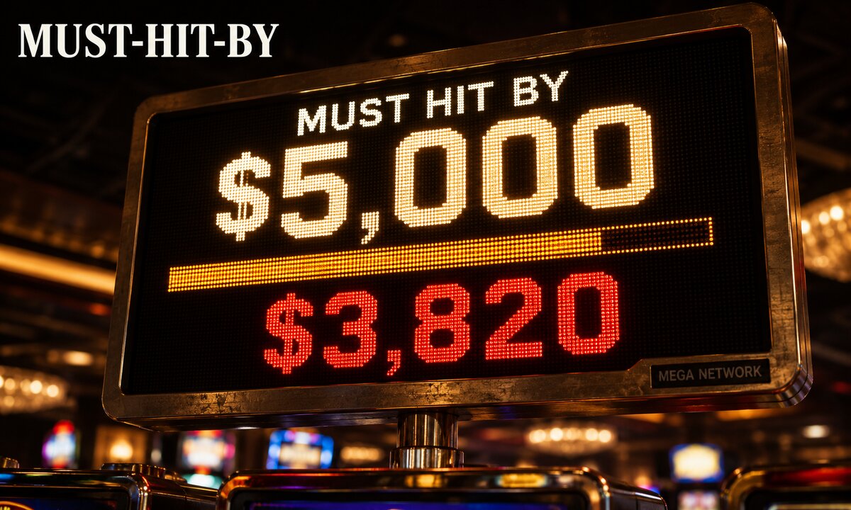 Progressive jackpot LED display showing cap of five thousand dollars with current amount three thousand eight hundred twenty dollars rising toward must-hit-by ceiling