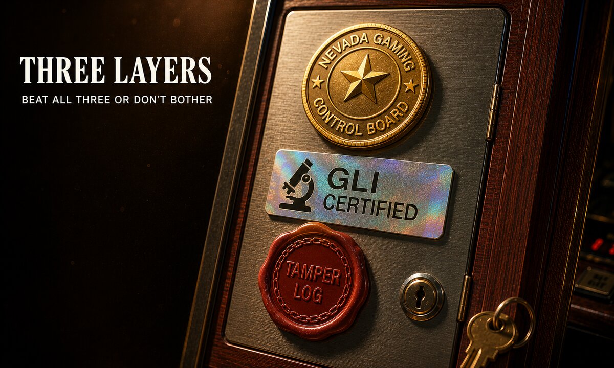 Three certification seals on slot machine cabinet: Nevada Gaming Control Board gold seal, GLI hologram, and tamper log wax seal