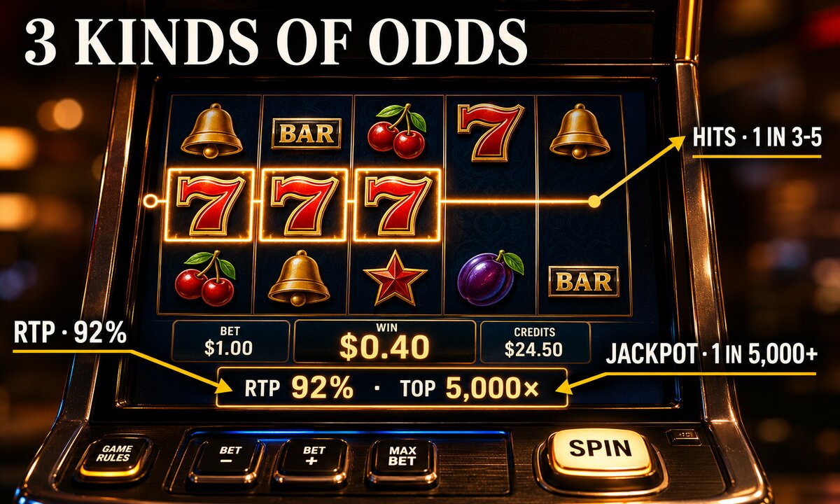 Slot machine screen close-up annotated with three distinct odds metrics: hit frequency 1 in 3 to 5, RTP 92 percent, and top jackpot 1 in 5000 plus
