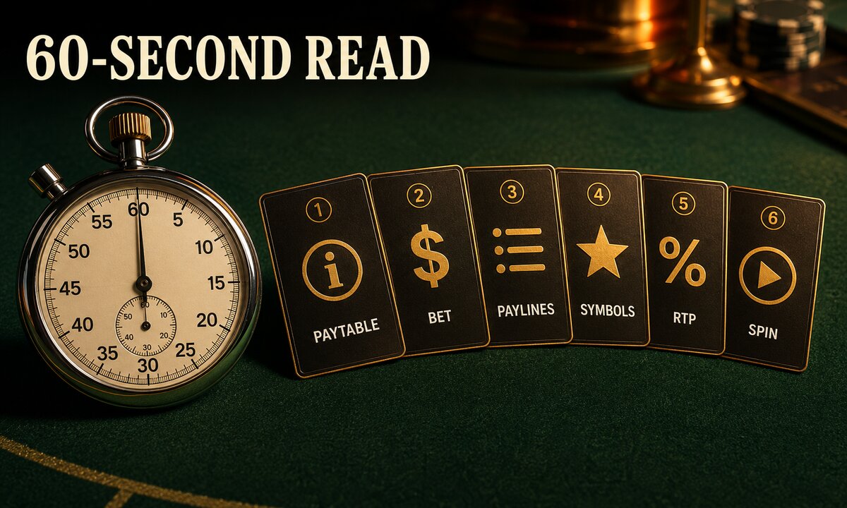 Vintage stopwatch on green felt next to six fanned step cards numbered for reading any slot machine: paytable, bet, paylines, symbols, RTP, spin