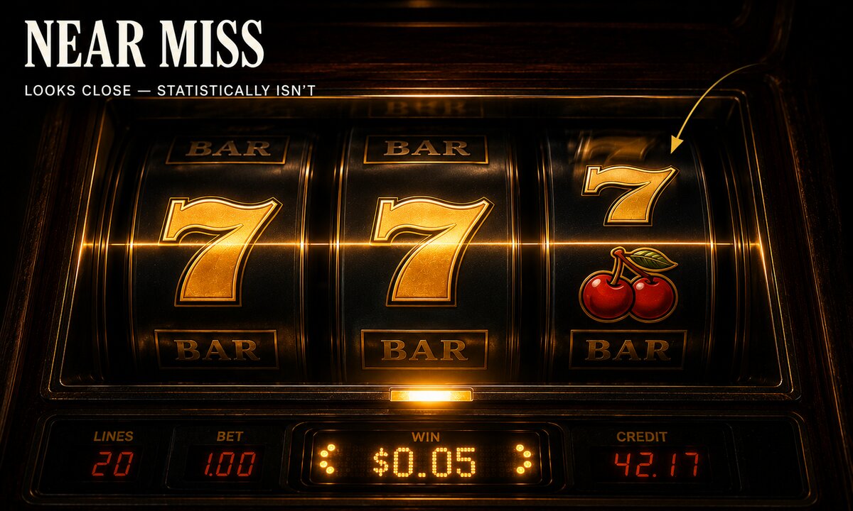 Slot machine reels showing a near-miss with two sevens on the payline and the third seven offset one position above