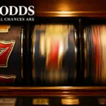 Slot machine reels mid-spin with motion blur and partial gold seven emerging through the blur representing probability resolving into outcome
