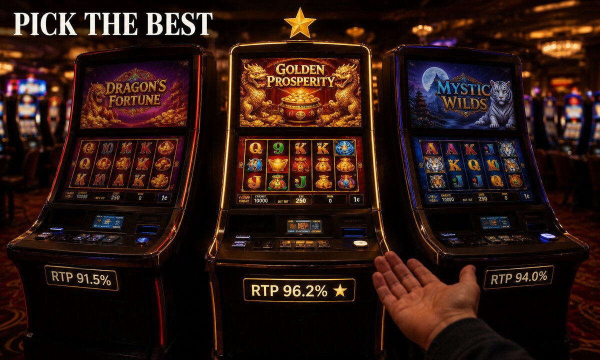 Three slot machines side by side with middle Golden Prosperity cabinet highlighted by gold star and RTP badges 91.5 percent, 96.2 percent, 94.0 percent visible on each