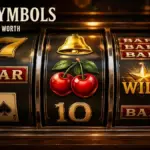 Cinematic close-up of slot machine reels showcasing classic symbols: gold seven, BAR, cherries, golden bell, wild star, and ace card under warm casino lighting