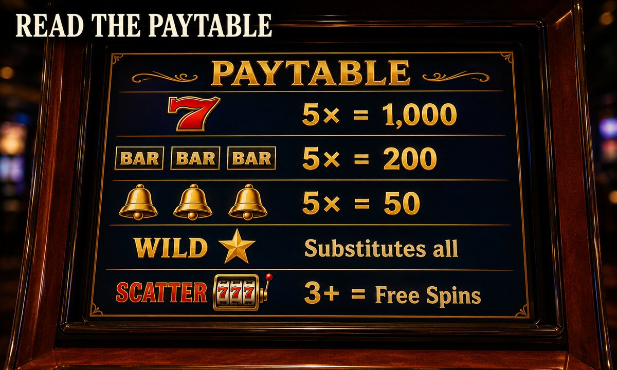 Slot machine paytable screen close-up showing five symbol rows: top seven at 1000 times line bet, triple BAR 200, bell 50, wild substitutes, scatter triggers free spins