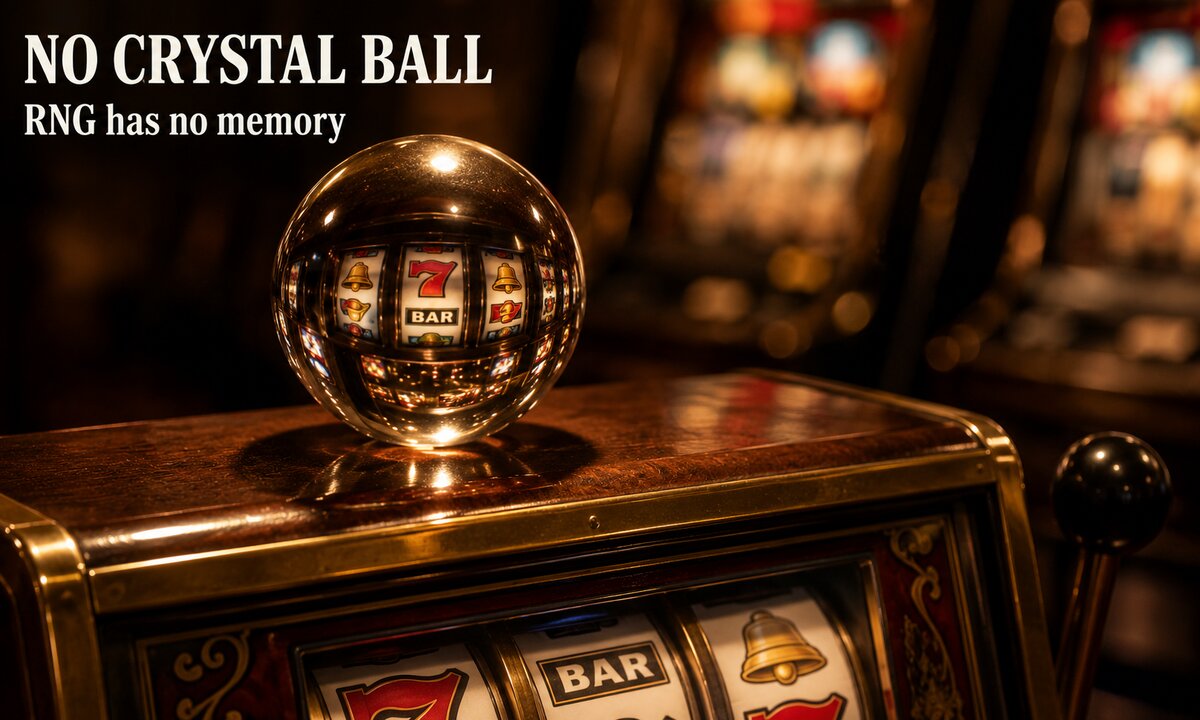 Clear crystal ball resting on vintage slot machine cabinet with reels refracted through the glass representing slot prediction myths that do not work