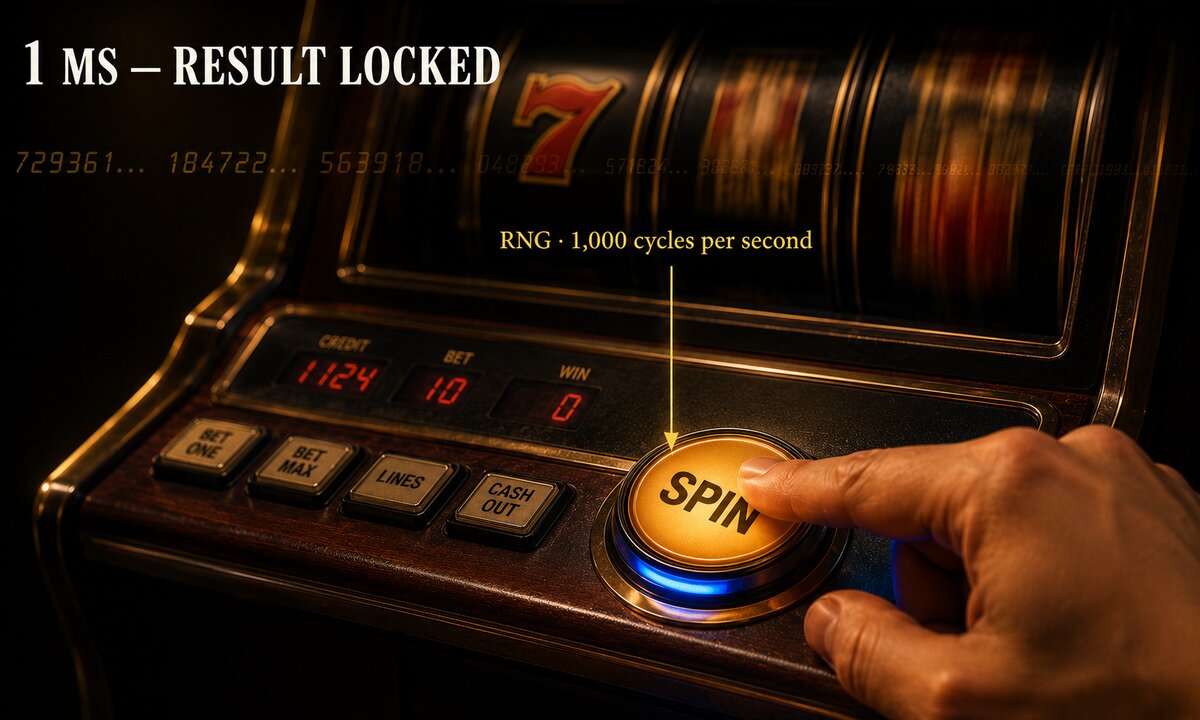 Slot machine spin button pressed with RNG timeline showing the millisecond when result is locked at 1000 cycles per second