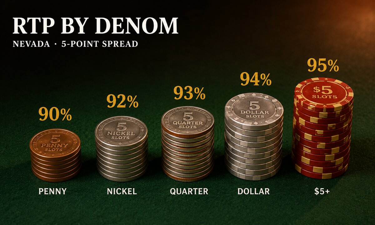 Five casino token stacks of progressively taller height from penny 90 percent to five dollar 95 percent representing Nevada slot machine RTP by denomination
