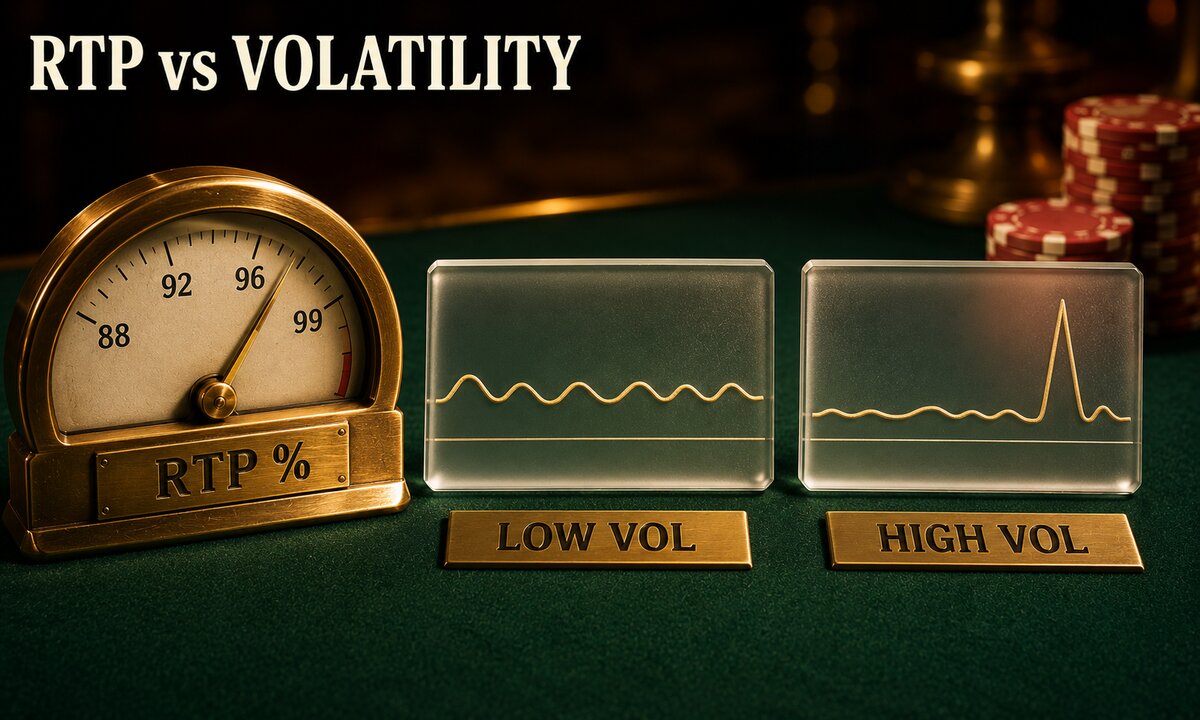Brass RTP gauge instrument with needle on 96 percent next to two glass strips showing low volatility wavy line and high volatility spike on green felt