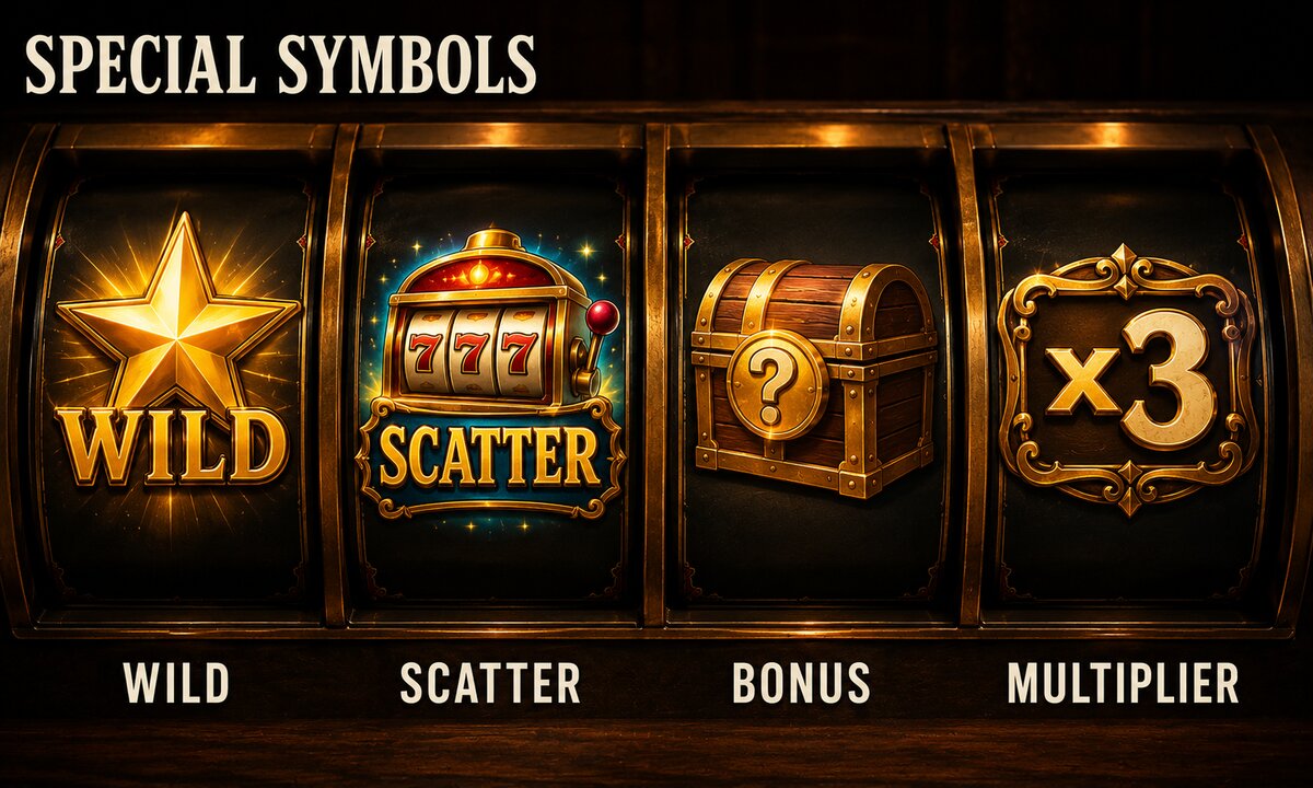 Four special slot symbols showcased on separate reel sections: wild star, scatter with triple sevens, bonus treasure chest, and multiplier x3