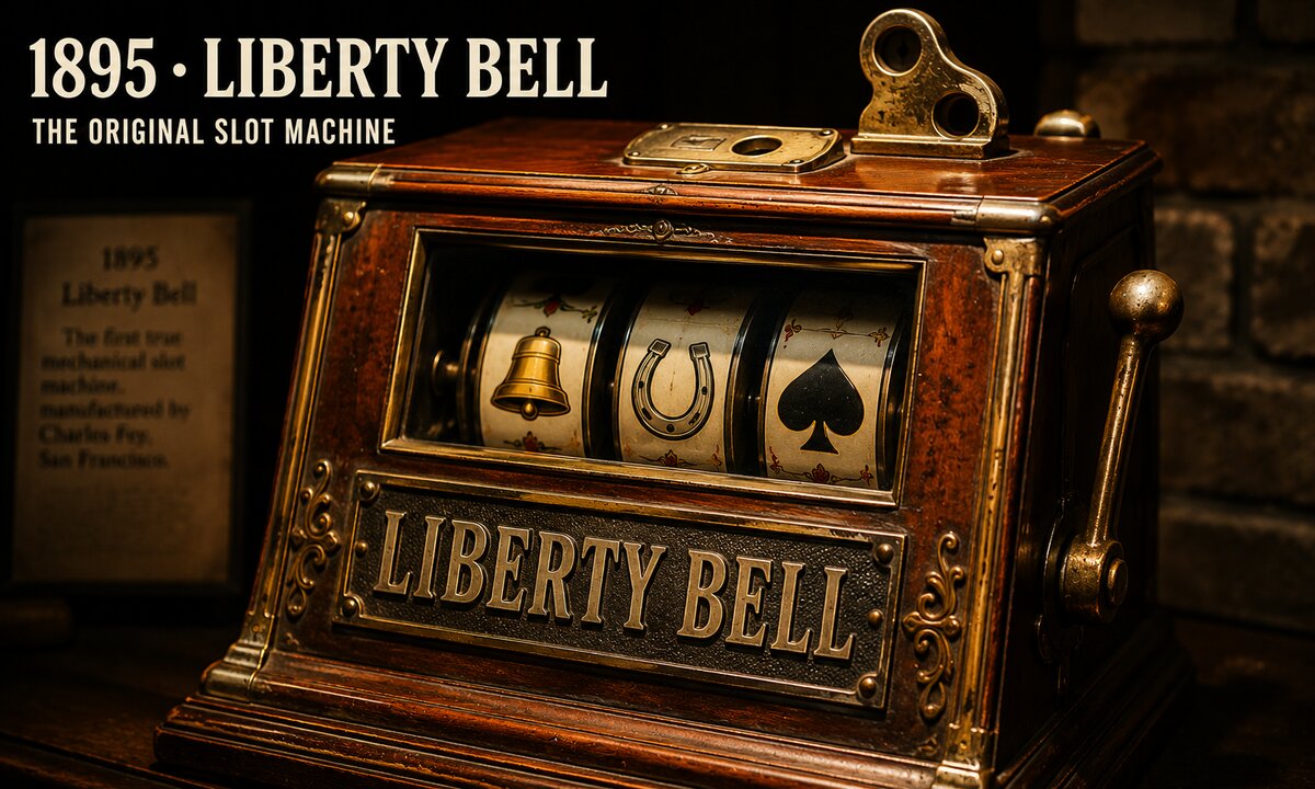 Vintage 1895 Liberty Bell mechanical slot machine in museum-quality lighting with bell, horseshoe, and spade symbols on three reels