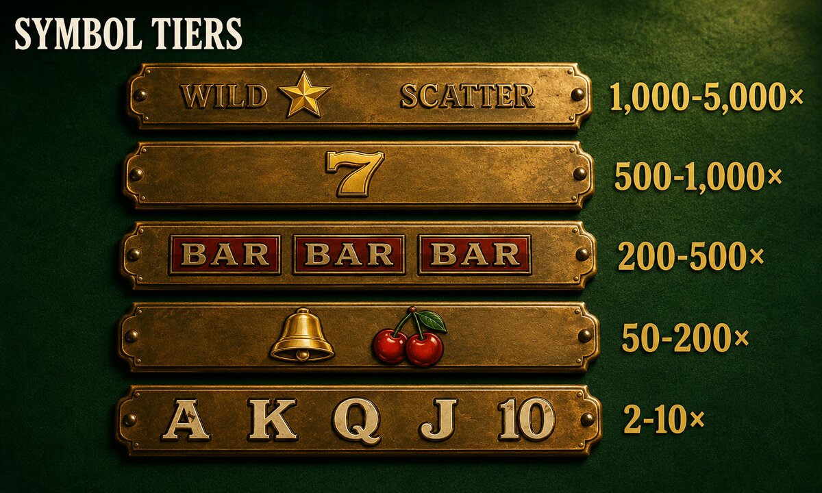 Five brass reel-strip plaques stacked on green felt from rare wild scatter at top down to common royals A K Q J 10 with payout multipliers 1000 times to 2 times