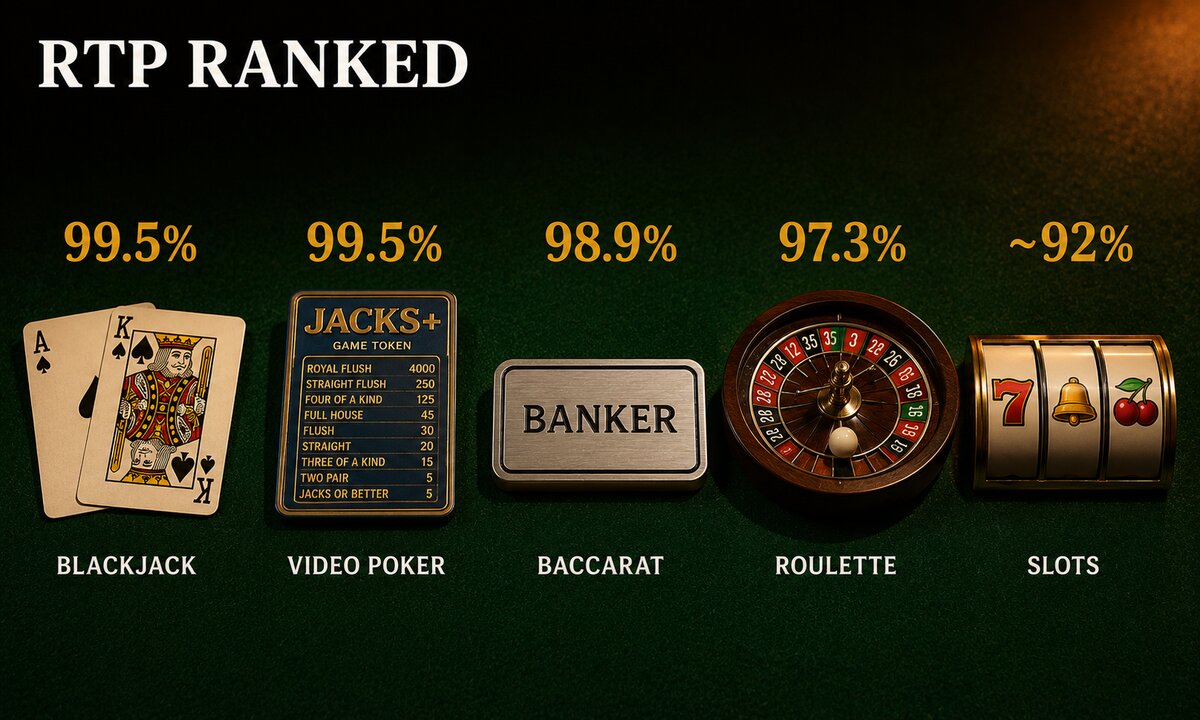 Five casino game artifacts on green felt ranked by RTP: blackjack 99.5, video poker 99.5, baccarat 98.9, roulette 97.3, and slots approximately 92 percent